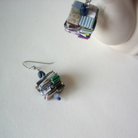 Earrings - Paper Eco With Blue Beads - Thumbnail 1
