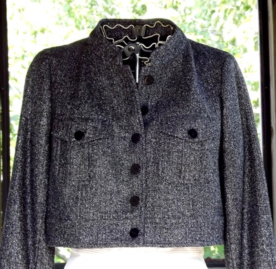 Bolero Jacket, Short Tweed Coat, Designer Black Silver Sparkle Suit Top, Women's Size Small 4