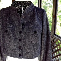 Bolero Jacket, Short Tweed Coat, Designer Black Silver Sparkle Suit Top, Women's Size Small 4 - Thumbnail 1