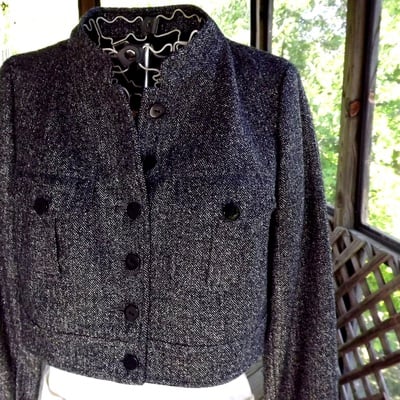 Bolero jacket, short tweed coat, designer black silver sparkle suit top, women's size small 4
