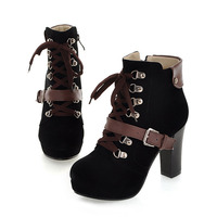 Retro rivet leather buckle lace boots - Thumbnail 2