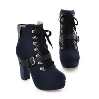 Retro rivet leather buckle lace boots - Thumbnail 3
