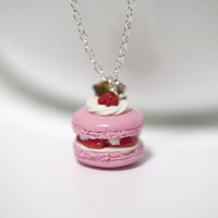 Kawaii Cute Miniature Food Necklaces - Raspberry Macaroon with Sterling Silver Chain - Thumbnail 1