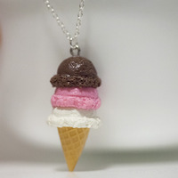 Kawaii Cute Miniature Food Necklaces - Neapolitan Ice Cream with Sterling Silver Chain - Thumbnail 1