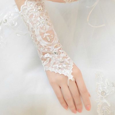 White vintage victorian lace wedding bridal rhinestone crystal fingerless gloves - Thumbnail 2
