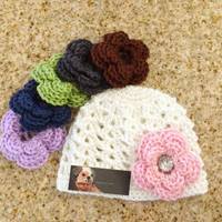 Lace stitch beanie with 5 flowers.  - Thumbnail 1