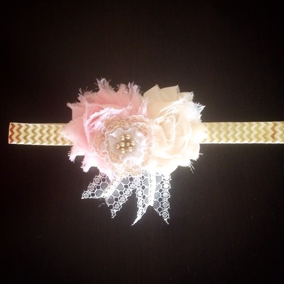 Ivory, pink and gold shabby headband