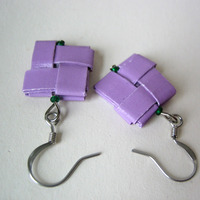 Purple Haze Earrings - Rescued Paper With Emerald Green Beads - Thumbnail 1