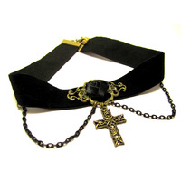 Gothic Black Rose & Cross Choker Victorian - Thumbnail 1