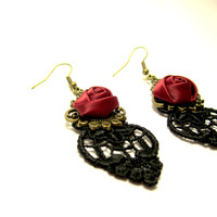 Gothic Red Rose Earrings - Thumbnail 1