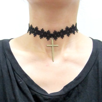 Gothic Black Lace with  Cross Choker - Thumbnail 1