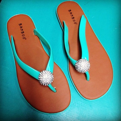 Aqua flip flops with rhinestones