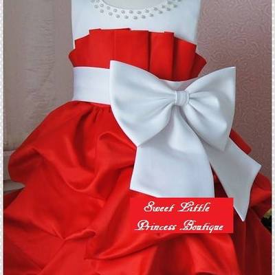 New fashion christmas girl party dress with bow red printed girl dancing princess dress for kids clothes  - Thumbnail 2