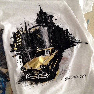 New york taxi foil and ink silk screen limited edition t-shirt featuring checker taxi cab, tank, v-neck