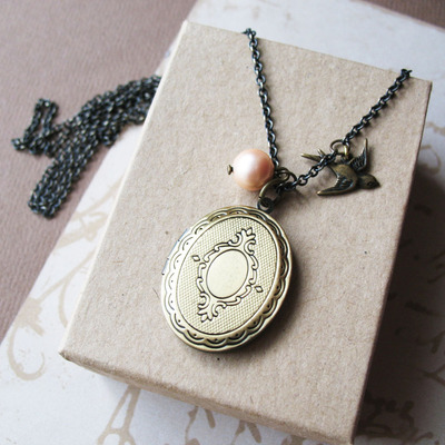 Locket with bird charm necklace long necklace jewelry