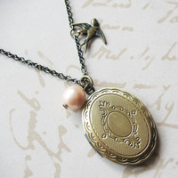 Locket With Bird Charm Necklace Long Necklace Jewelry - Thumbnail 1