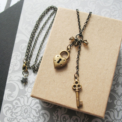 Heart lock and key charm necklace