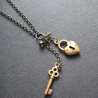 Heart Lock and Key Charm Necklace - Thumbnail 1