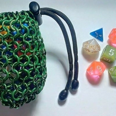 Green bag of holding dice bag - handmade chainmail and rubber o-ring