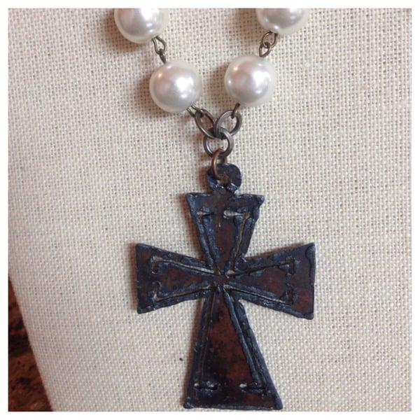 Long Pearl and Bronze Cross Necklace