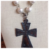 Long Pearl and Bronze Cross Necklace