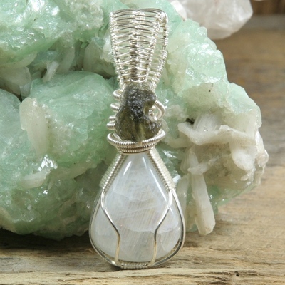 Rainbow moonstone and moldavite pendant