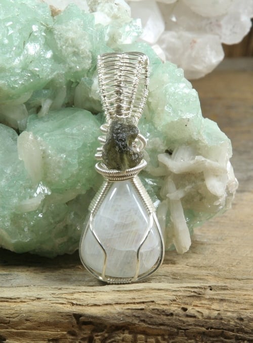 Rainbow Moonstone and Moldavite Pendant