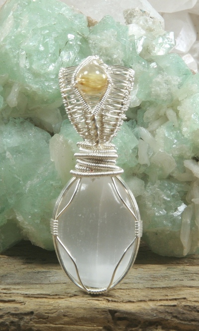 Selenite with Rutilated Quartz Pendant