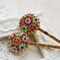 lucia. - vintage floral glass hair pin SET - 01 - - Thumbnail 1
