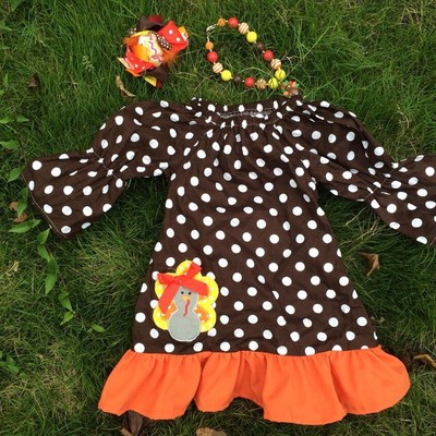 Baby girls thanks giving turkey brown polka dot dress with matching hair bows and chunky necklace set - Thumbnail 1