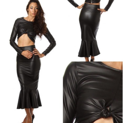 Faux Leather Trumpet Skirt & Crop Top Set