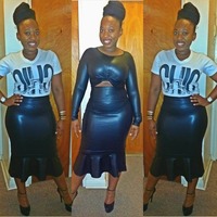 Faux Leather Trumpet Skirt & Crop Top Set - Thumbnail 3