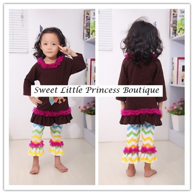 Latest thanksgiving clothing set for kids girls fall clothing set with turkey outfit with chiffon cotton ruffle free shipping - Thumbnail 4