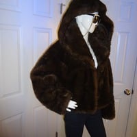 Vintage Express Brown Faux Fur Coat With Hood Size 1X - Thumbnail 2