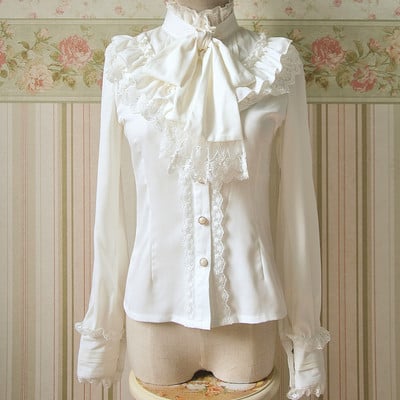 Lace bow flounced blouses tops