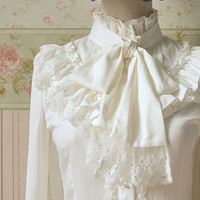 Lace Bow Flounced Blouses Tops - Thumbnail 2