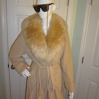 Vintage Light Tan Faux Fur Collar Long Coat with Belt Size 1x - Thumbnail 1