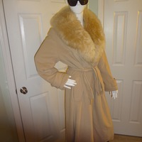 Vintage Light Tan Faux Fur Collar Long Coat with Belt Size 1x - Thumbnail 2