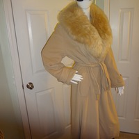 Vintage Light Tan Faux Fur Collar Long Coat with Belt Size 1x - Thumbnail 3