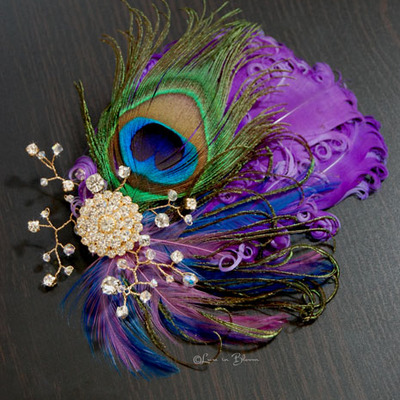 Bridal head piece purple blue feather fascinator - style # ff111 