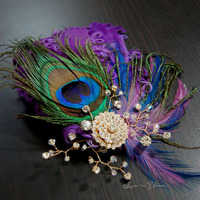 Bridal Head Piece Purple Blue Feather Fascinator - Style # FF111  - Thumbnail 1