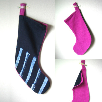 Christmas stocking in pink and navy - lots and lots of texture