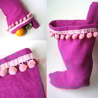 Christmas Stocking With Poms - Eco and Bright Pink - Thumbnail 1