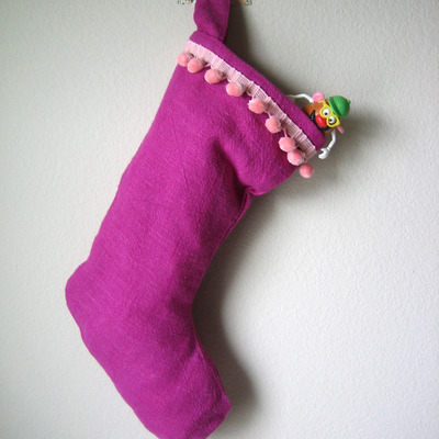 Christmas stocking with poms - eco and bright pink