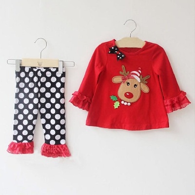 Children girl's 2014 autumn long sleeve deer t-shirt+dot pant christmas 2-piece/set 