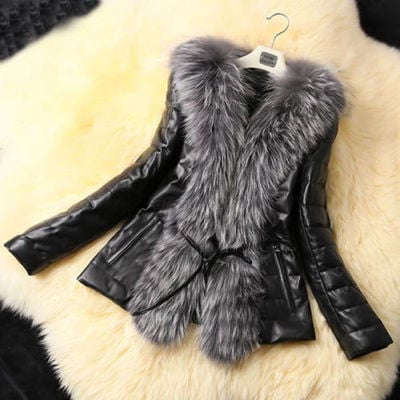 Winter warm fur collar coat leather 