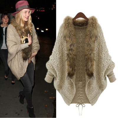 Loose fur collar sweater batwing sleeve jacket 