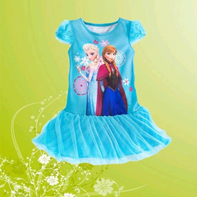 2014 new arrival children dress frozen anna elsa sky blue short sleeve nightgown tutu dress girls nightshirt 