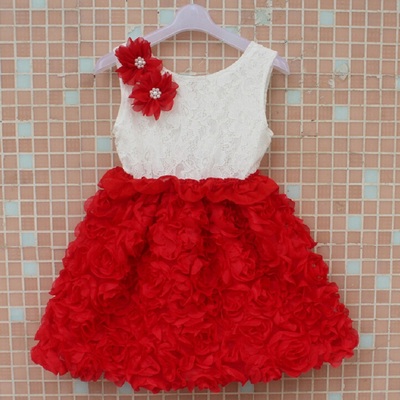 2014 new christmas rosette flower girls dress, lace sleeveless dress for girl