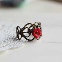 fleur ring. a romance red flower brass filigree ring